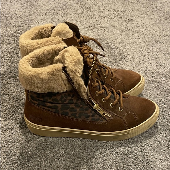 EUC Cougar Brand Women’s Brown Suede Sneaker Boots with Leopard Print - Picture 3 of 8